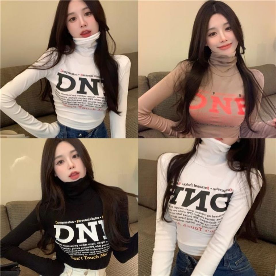 Jiashucheng Áo Thun Tay Dài Cổ Cao Phong Cách Phương Tây Thời Trang Thu Đông Ấm Áp Dễ Phối Đồ Cho Nữ @ -