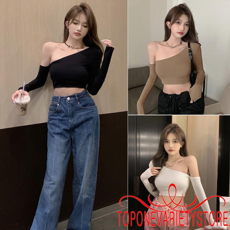 Áo Croptop Trễ Vai Tay Dài Màu Trơn Thiết Kế Đơn Giản Cho Nữ