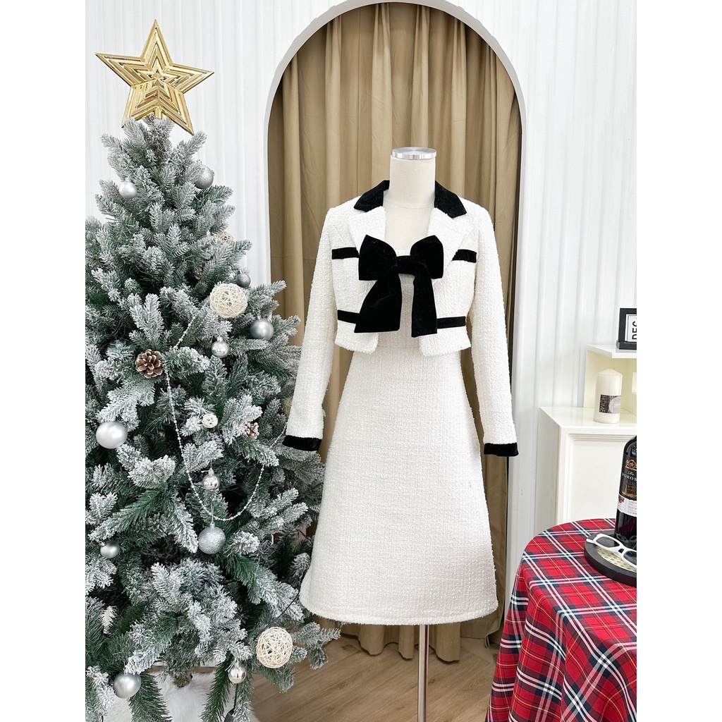 Set dạ tweet gồm áo khoác và váy kiểu 2 dây bên trong có lớp lót YS135 FLORA YAME