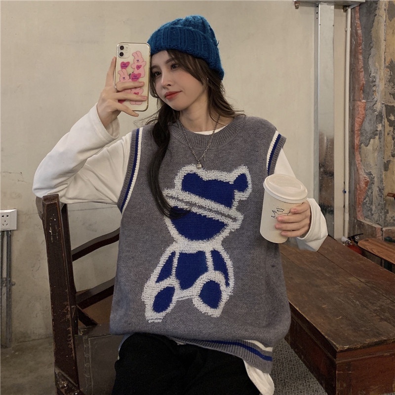 ZHELIHANGFEI Áo Sweater Không Tay Dáng Rộng Thêu Hình Gấu Xinh Xắn Dễ Phối Đồ