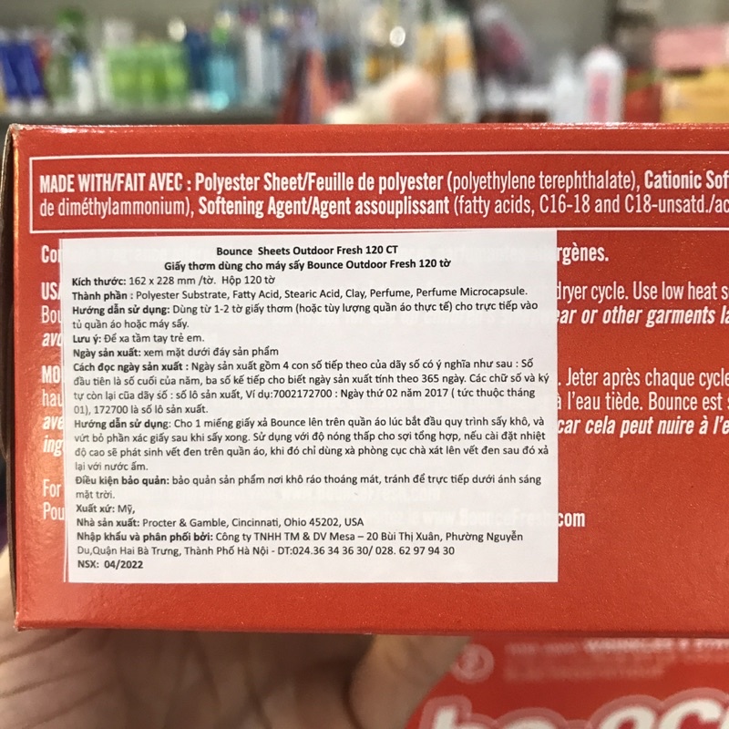 Giấy Thơm Quần Áo BOUNCE OUTDOOR FRESH MỸ Tách Lẻ 5 Tờ,10 Tờ 20 Tờ