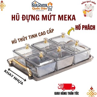 Khay đựng mứt tết bằng thủy tinh 6 ngăn cao cấp có khay đựng inox mạ vàng, hũ đựng bánh, kẹo, hạt dưa mẫu tết năm nay