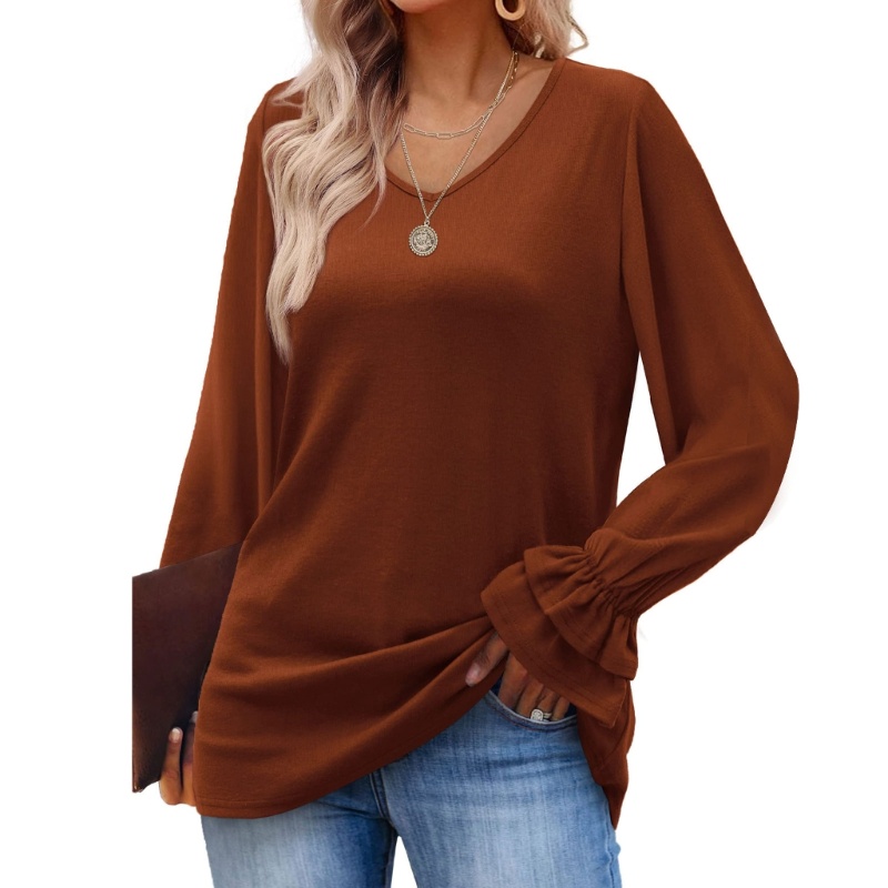 Áo Kiểu Tay Loe Dài Cổ Chữ V Màu Sắc Đơn Giản Cho Nữ