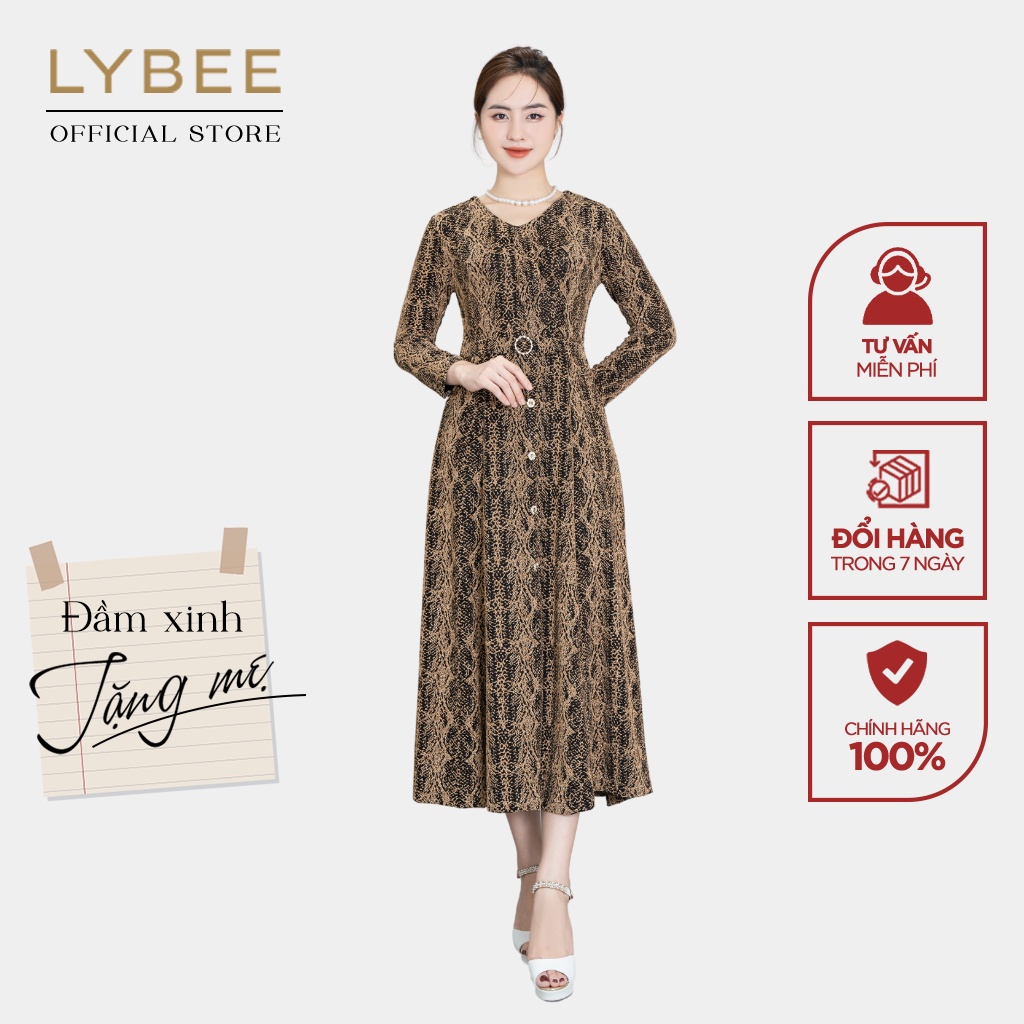 Đầm trung niên nữ thiết kế LYBEE LV813 cổ tim thời trang cho mẹ chất thun kim sa ánh nhũ co giãn cao cấp