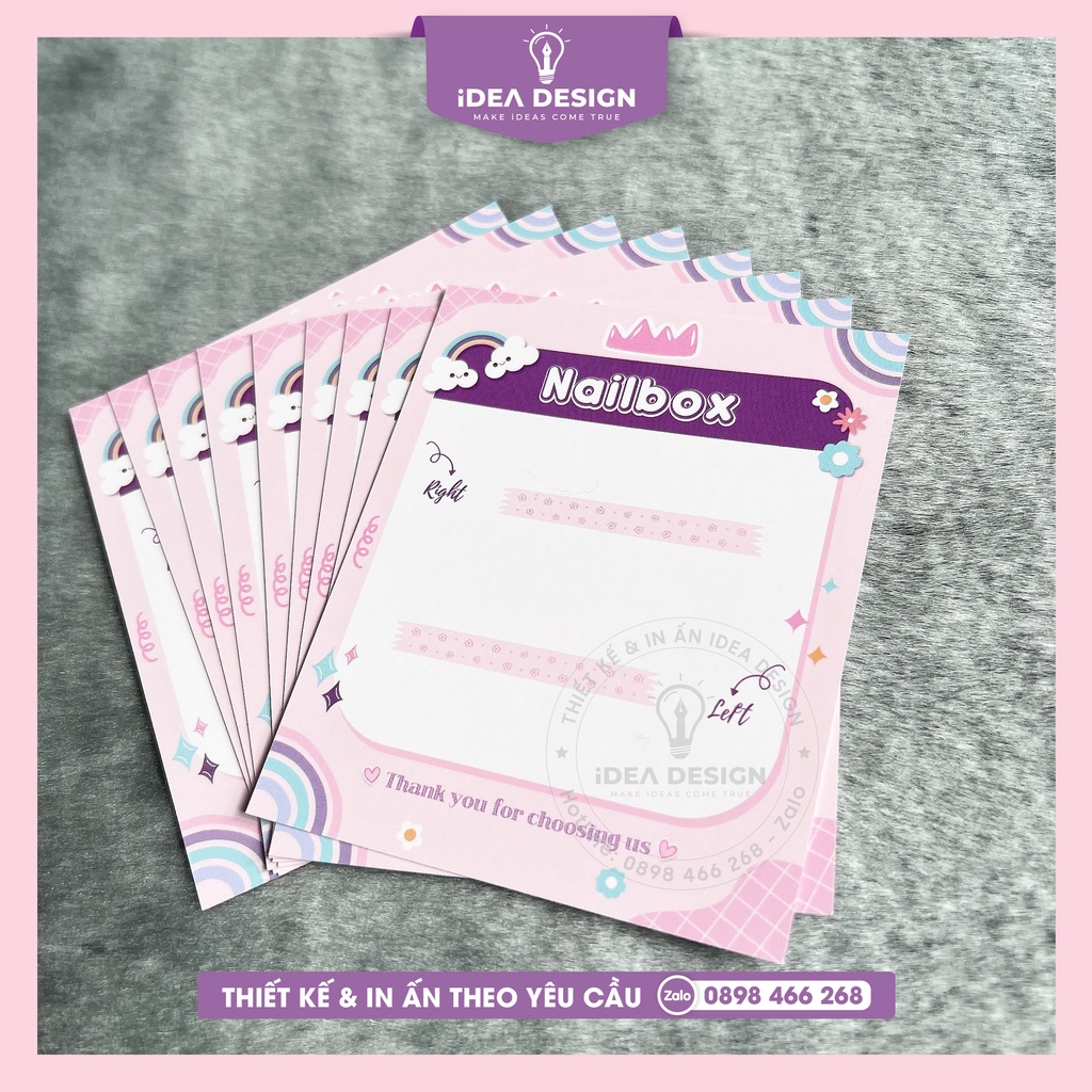 Bìa Nailbox, thẻ Nail box gắn móng tay màu hồng tím - Size 9x11cm - Giấy C300 - Cán màng mờ 2 mặt - Siêu cute