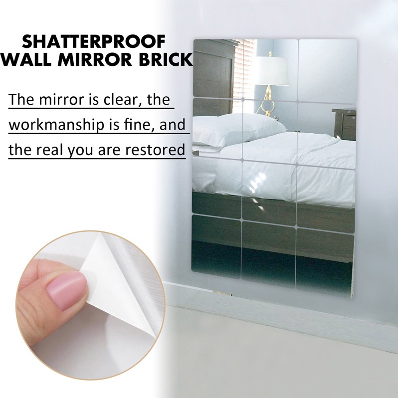 12pcs/Set Shatterproof Wall Mirror Tiles Self Adhesive Acrylic Mirrors