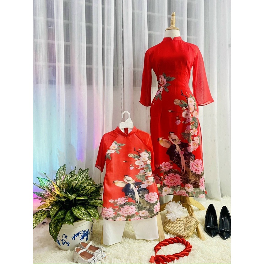 Áo Dài Truyền Thống # Bộ Áo Dài 4 Tà Mẫu Hoa Hồng (2)# Thời Trang Gia Đình