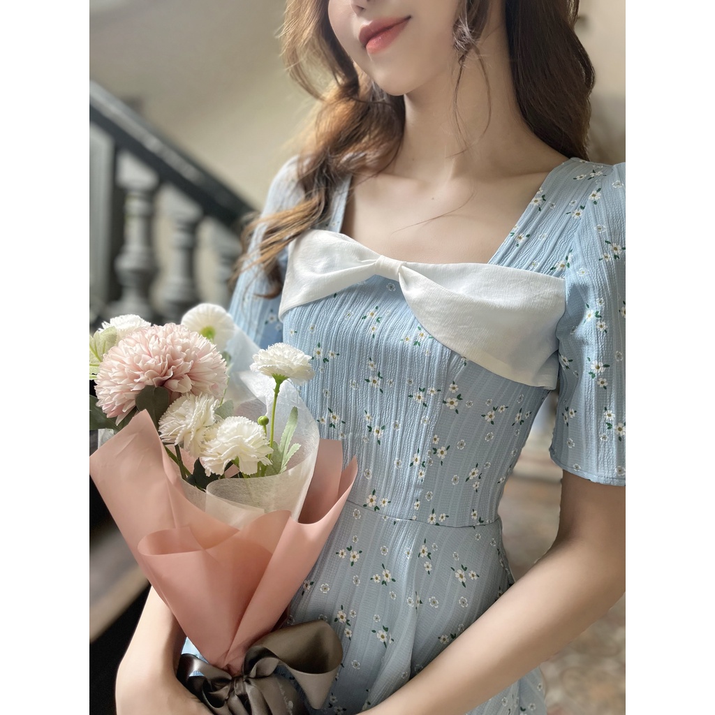 Đầm linen mềm LASIE màu xanh ngọt tươi, phối nơ xinh xắn