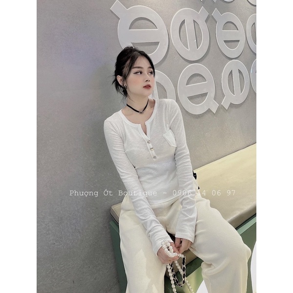 Áo thun gân tăm nút gài dài tay form ôm body, Áo dài tay vạt bầu phối khuy nữ Thun kiểu dáng ôm body bánh bèo tiểu thư