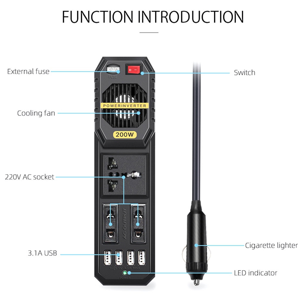 Bộ Chuyển Đổi Nguồn Điện AIDEEPEN 200W DC 12V Sang AC 220V AC Cổng Sạc USB Kép Cho Laptop / Điện Thoại Thông Minh