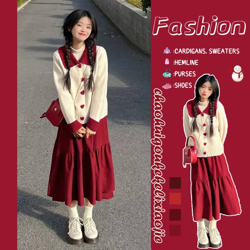 Set Áo Len Cổ Lọ Phối Chân Váy Thời Trang Năm Mới Xinh Xắn Cho Bé Gái