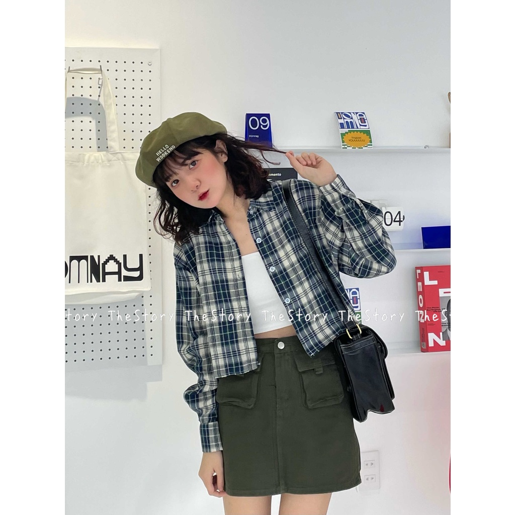 Áo sơ mi caro tay dài dáng croptop  A2843