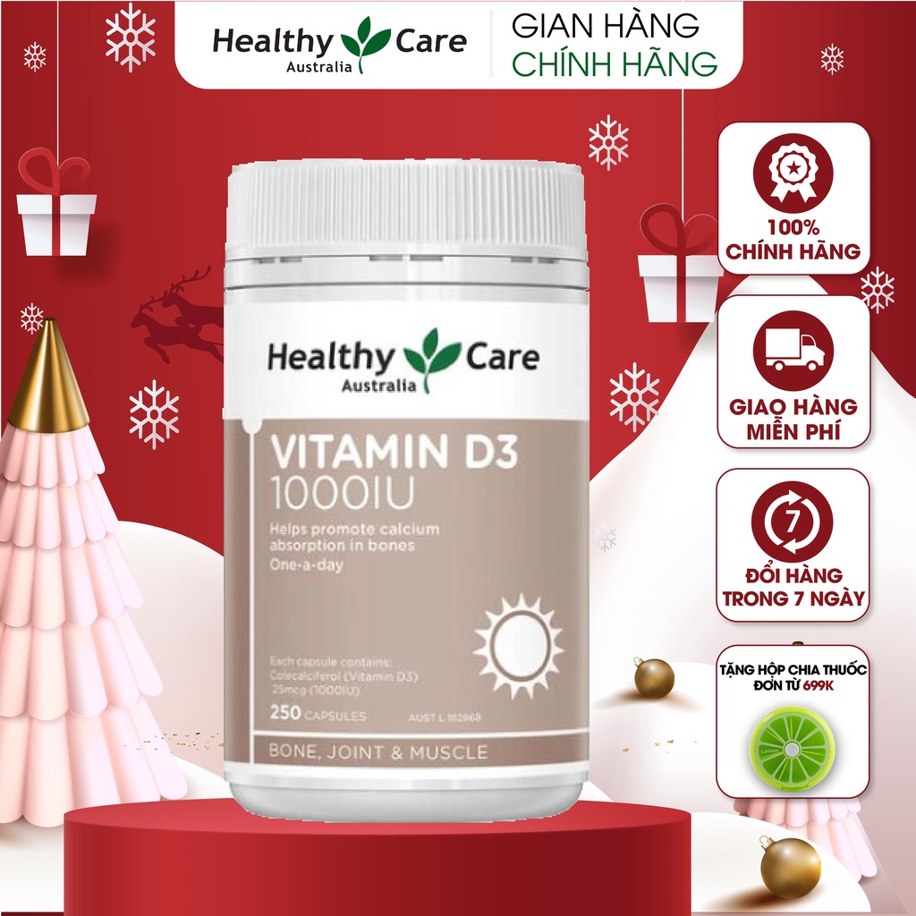 Viên uống chống loãng xương Healthy Care Vitamin D3 1000IU 250 viên Úc