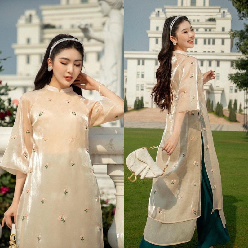 Set áo dài cách tân Tết voan tơ thêu hoa 4 tà SHINE CLOTHES nhiều màu xinh xắn, Áo dài dáng suông kèm quần
