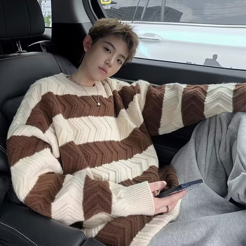 Áo Sweater Cổ Tròn Dáng Rộng Họa Tiết Kẻ Sọc Phong Cách Hàn Quốc Trẻ Trung Cho Nam