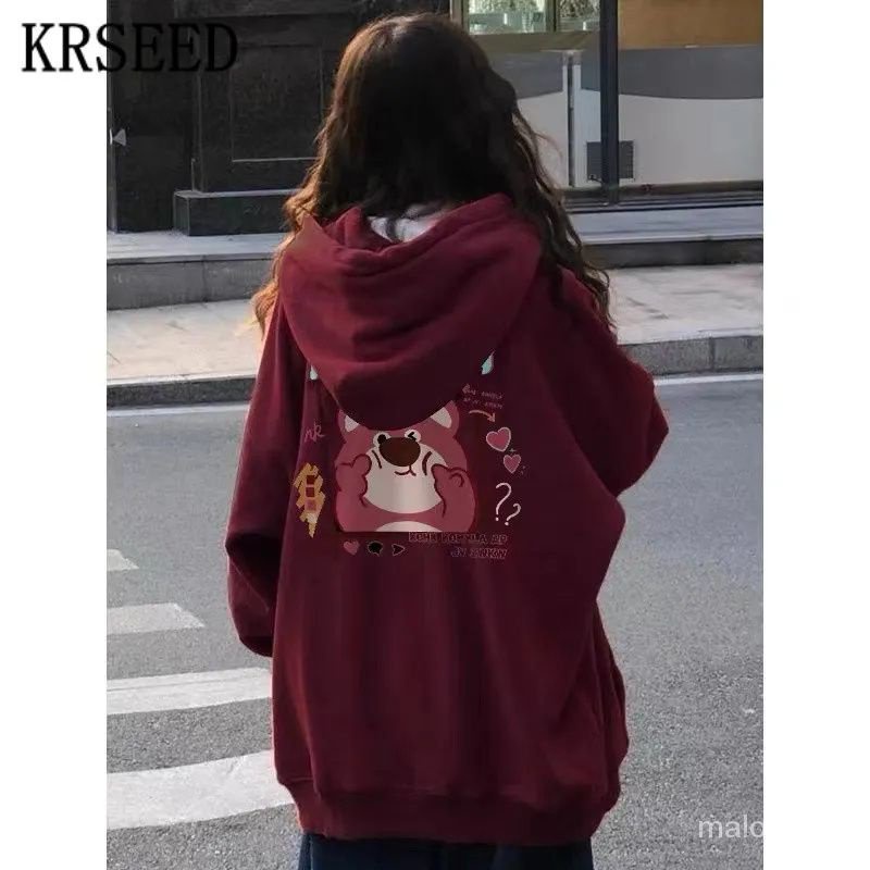 Áo Khoác Nỉ Dày Có Mũ Trùm Đầu In Hình Gấu Dâu Tây Phong Cách Retro Mỹ Mùa Thu Đông Kích Thước Ngoại Cỡ