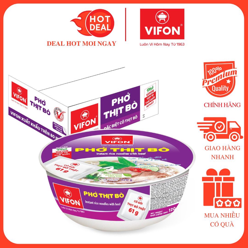 Thùng 12 Tô Phở Vifon Vị Phở Bò Vifon Gói Thịt Thật 120G/Gói