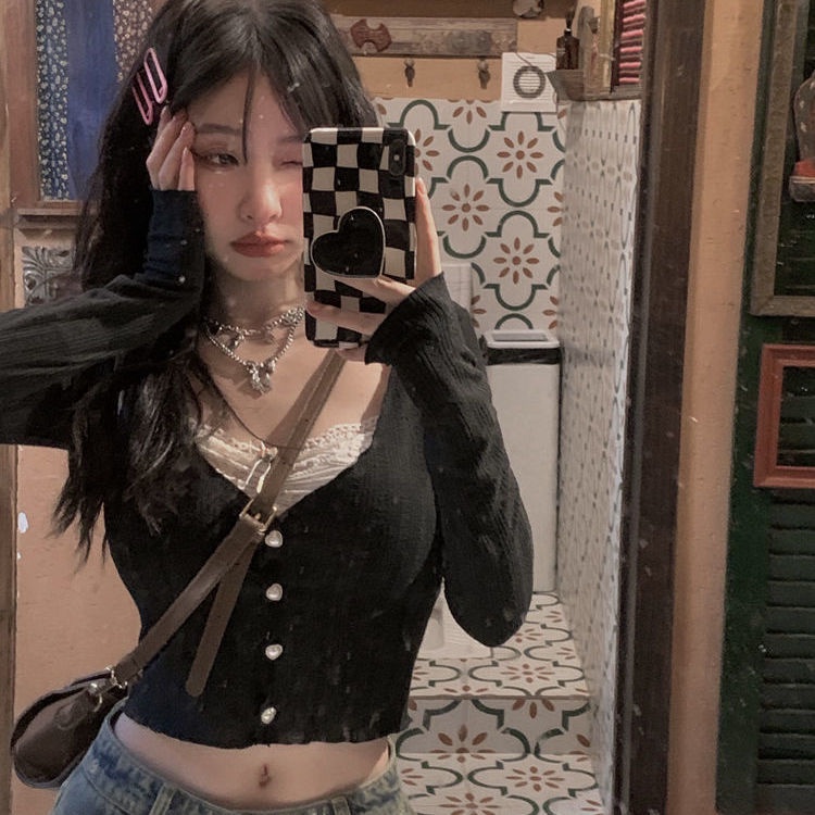 Áo Khoác Cardigan Dệt Kim Mỏng Cổ Chữ V Phối Ren Thời Trang Mùa Thu Cho Nữ