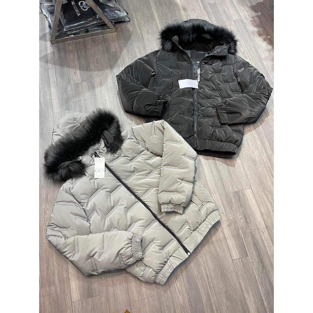 Áo phao trần bông cổ lông siêu ấm 2 màu đen ghi xám 2022