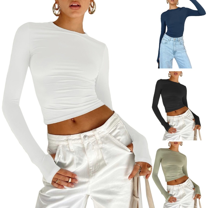 Áo Thun Crop Top Tay Dài Cổ Tròn Màu Trơn Ôm Dáng Thời Trang Mùa Thu Cho Nữ