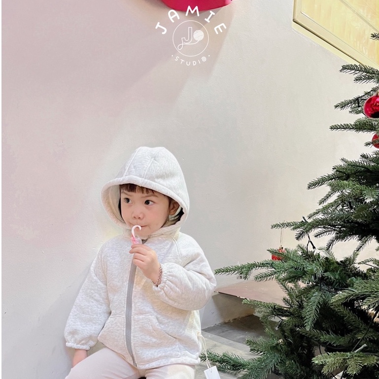 Áo Khoác Lót Lông Cừu Kéo Khóa Trơn Màu Có Mũ Ấm Áp Cho Bé Trai và Bé Gái