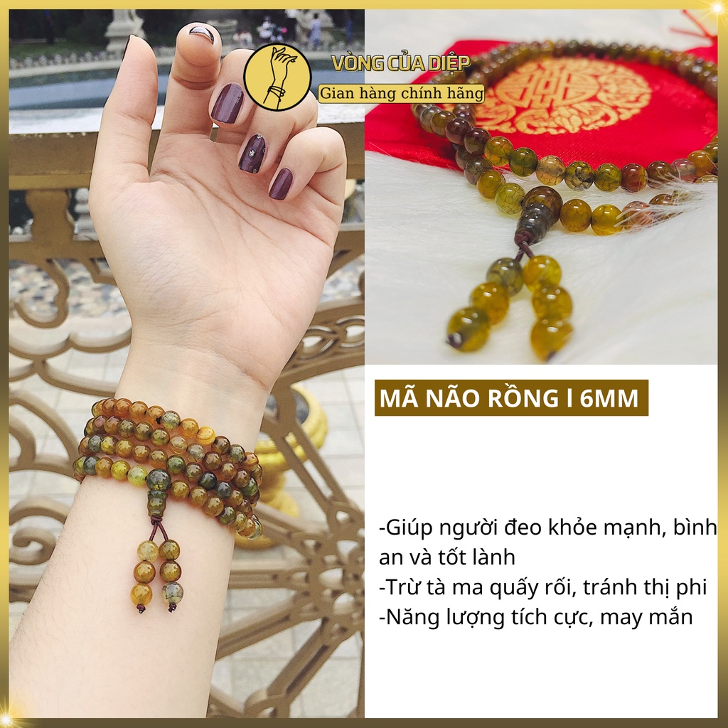 Chuỗi đeo tay đá Mã Não Rồng, vòng tay 108 hạt 6li cho nữ, hợp mệnh Kim Thổ Hỏa, mang lại may mắn tài lộc, bình an