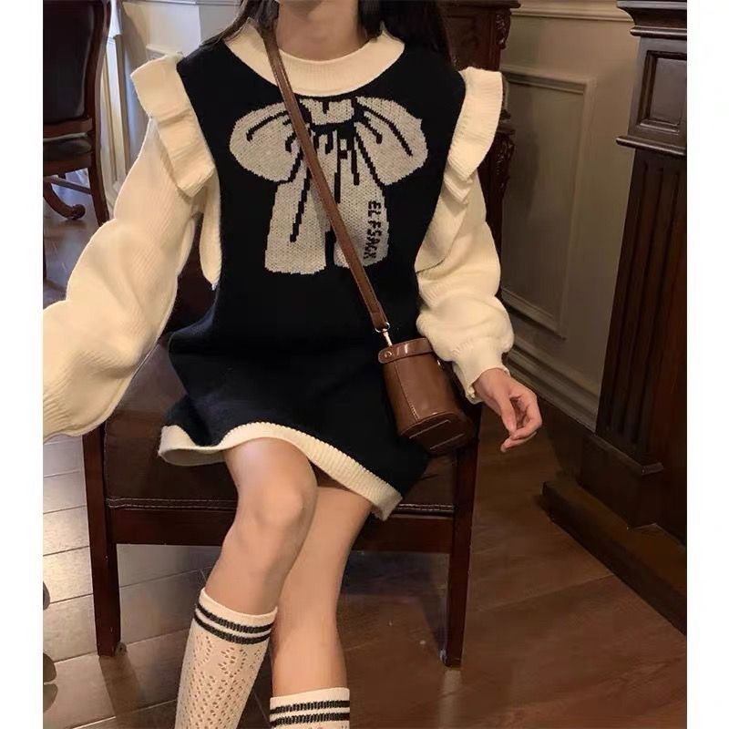 [Giao Ngay] Đầm Dệt Kim Tay Phồng Giả Hai Mảnh Ghép Nấm Nhỏ Phong Cách Preppy Dễ Thương