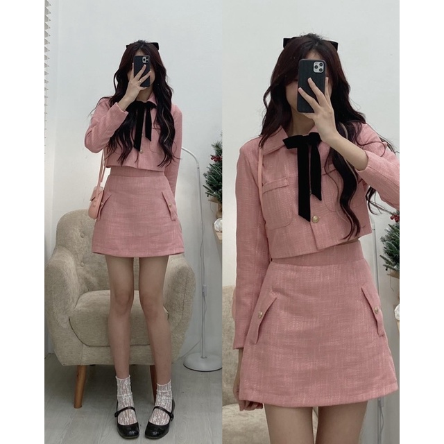 SET DẠ TEX CÚC ĐỒNG MIX NƠ CỔ”HAZIN”DIỆN TẾT XINH