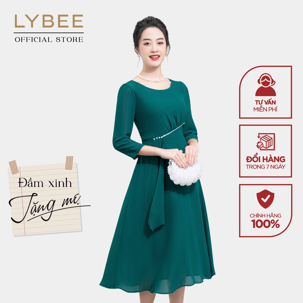 Đầm trung niên nữ thiết kế LYBEE LV832 thời trang trung niên cho mẹ chất chiffon cao cấp màu xanh đỏ đen
