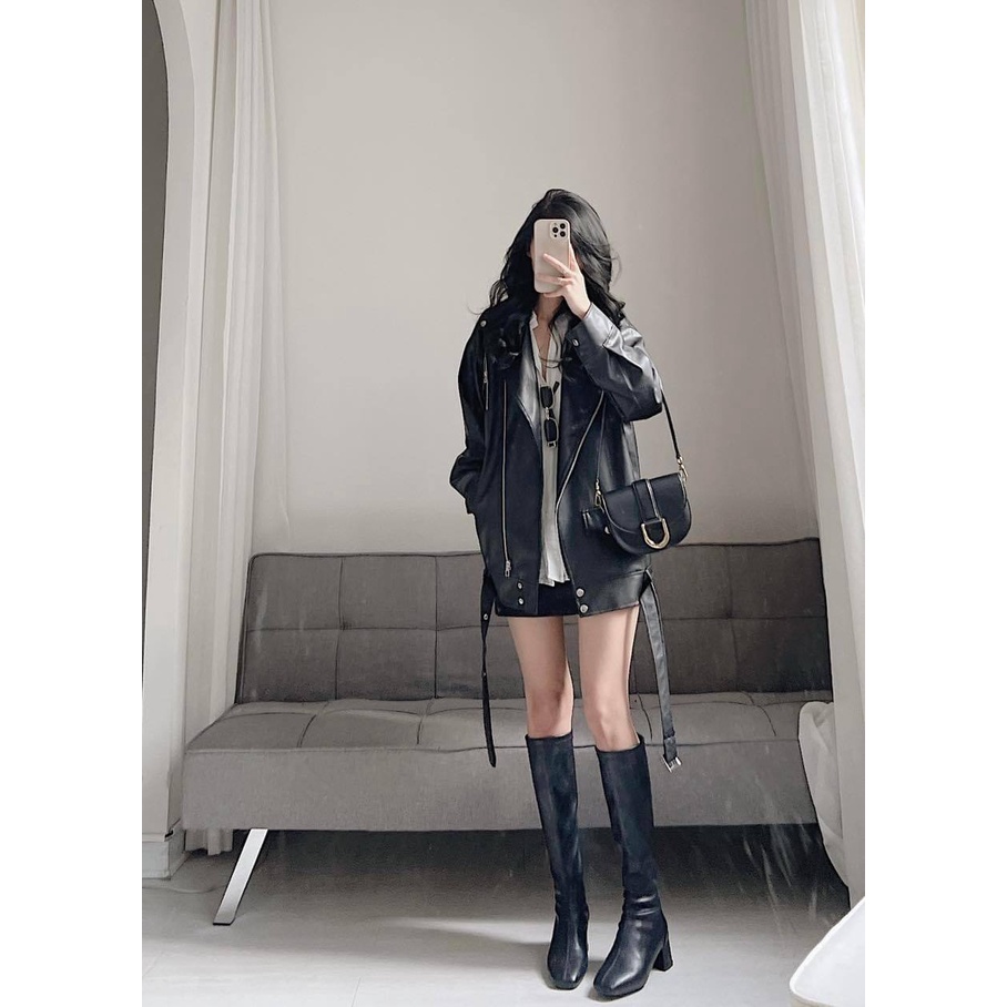 Áo khoác da nữ form unisex cổ bẻ kèm đai dưới neih.studio