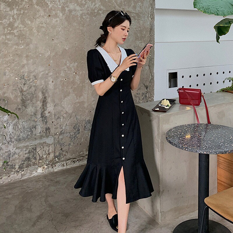Đầm Midi Sơ Mi Đuôi Cá Phối Ren Cổ Viền Bèo Siêu Sang - Đầm Đi Tiệc Ulzzang
