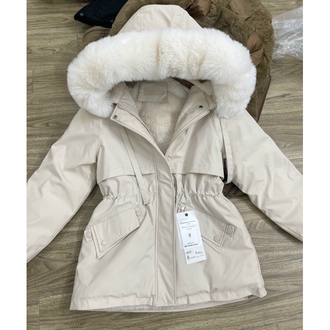 Áo khoác Parka lót lông dáng dài điểm nhấn dây rút eo có chốt cài