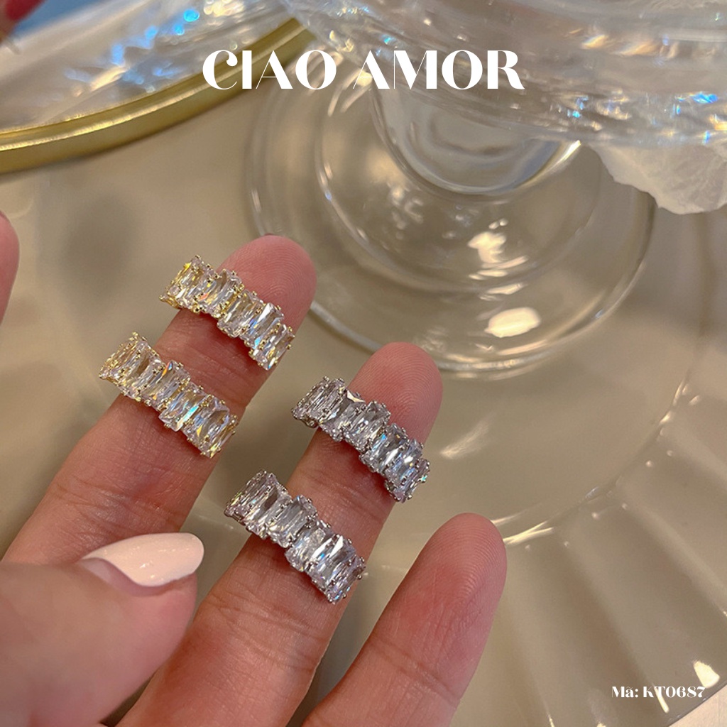 Khuyên tai nữ, Bông tai bạc 925 đá xếp dài lấp lánh nửa vòng Trang sức Ciao Amor - KT0687