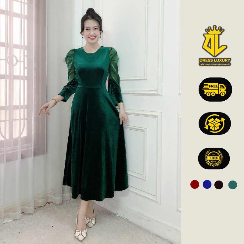 Đầm váy trung niên cho mẹ DRESS LUXURY NX dáng chữ A tay lỡ phối ren, cổ tròn, vải nhung cao cấp sang trọng đi tiệc