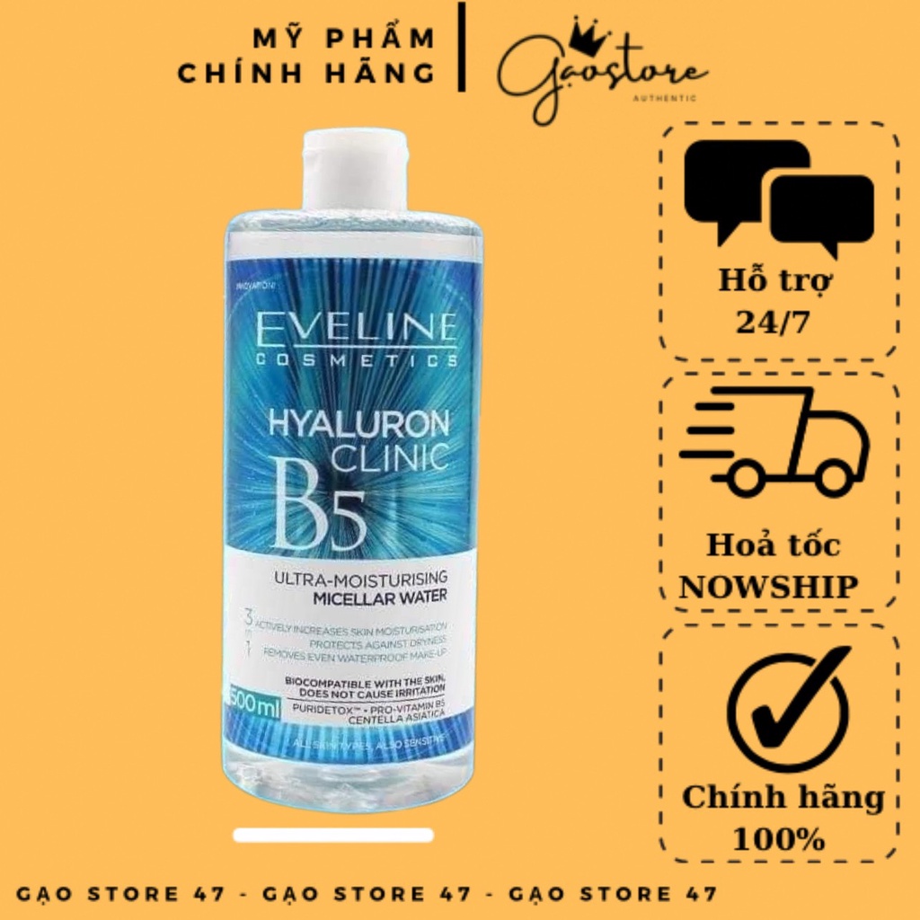 Nước tẩy trang Eveline Hyaluron Clinic B5 dưỡng ẩm 3 trong 1- 500ML