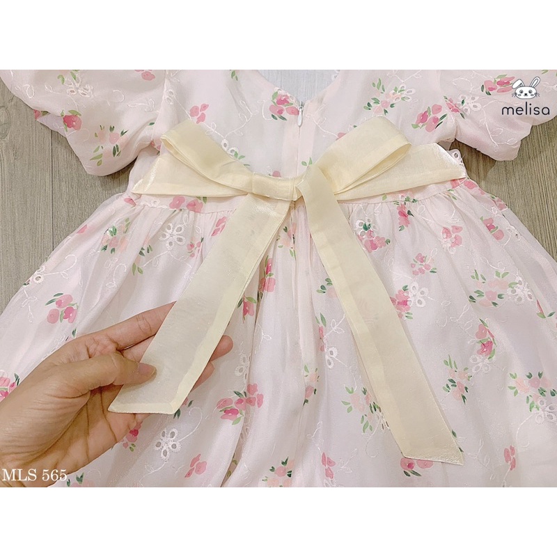 Đầm Melisa hồng hoa nhí tay bồng hồng chất tơ thêu