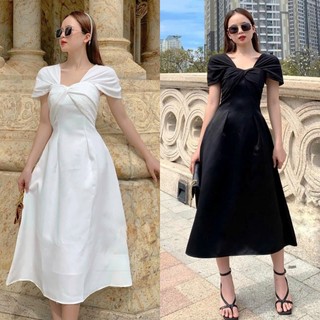 Đầm Dự Tiệc Thiết Kế Trễ Vai Xoắn Chéo Chuẩn Form Sang Trọng Chất Vải Tafta May 2 Lớp HNK358