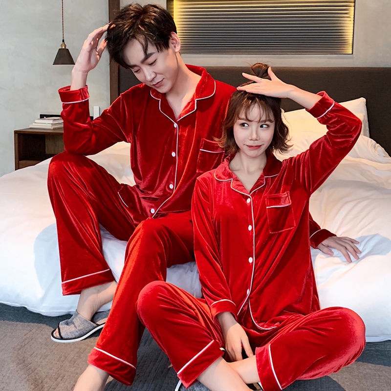 Bộ Đồ Ngủ Tay Dài Vải Nhung San Hô Phối Lông Cừu San Hô Màu Vàng Thời Trang Thu Đông Cho Cặp Đôi Cỡ M-4XL