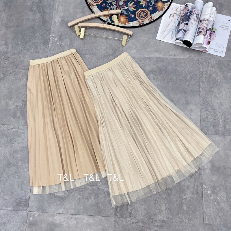 Chân váy xếp ly dài mặc được 2 mặt hàng QC L1