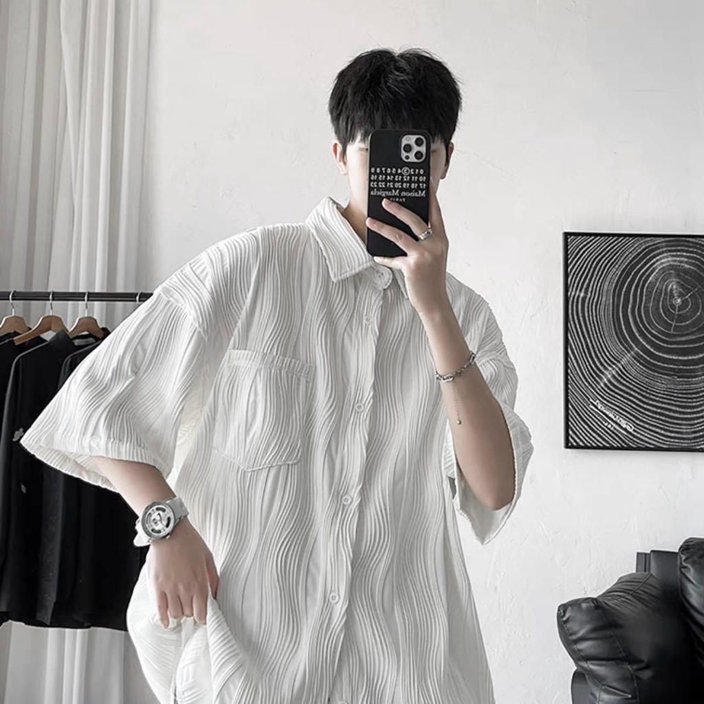 Áo sơ mi gợn sóng WAVE tay ngắn phong cách UNISEX nam nữ - sơ mi form rộng, vải thoáng mát mềm mịn GIDI