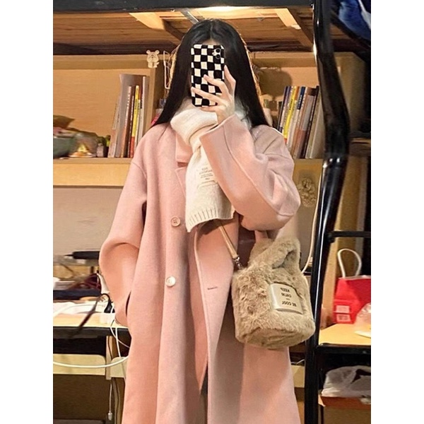 Áo Khoác Mangto Dạ Dáng Dài Hồng Pastel