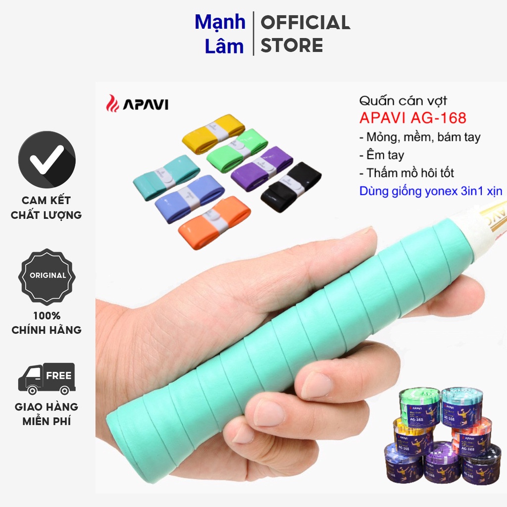 Quấn cán vợt cầu lông Apavi AG-168 nhiều màu, loại mỏng bám tay, giống Yonex 3 in 1 chính hãng