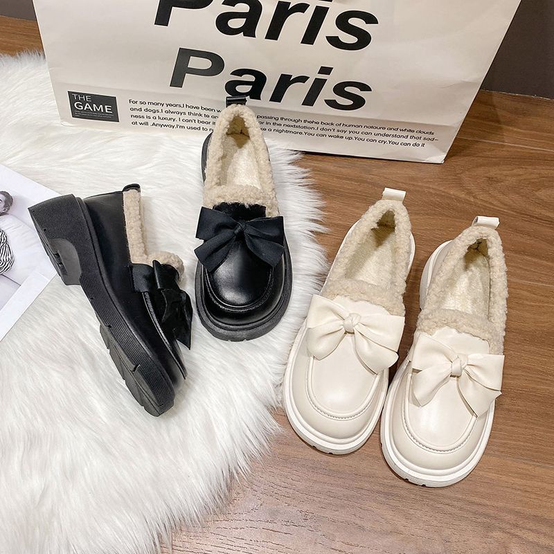 Giày Da Đế Dày Mềm Mại Lót Lông Cừu Đính Nơ Phong Cách Nhật Bản Thời Trang Thu Đông Cho Nữ