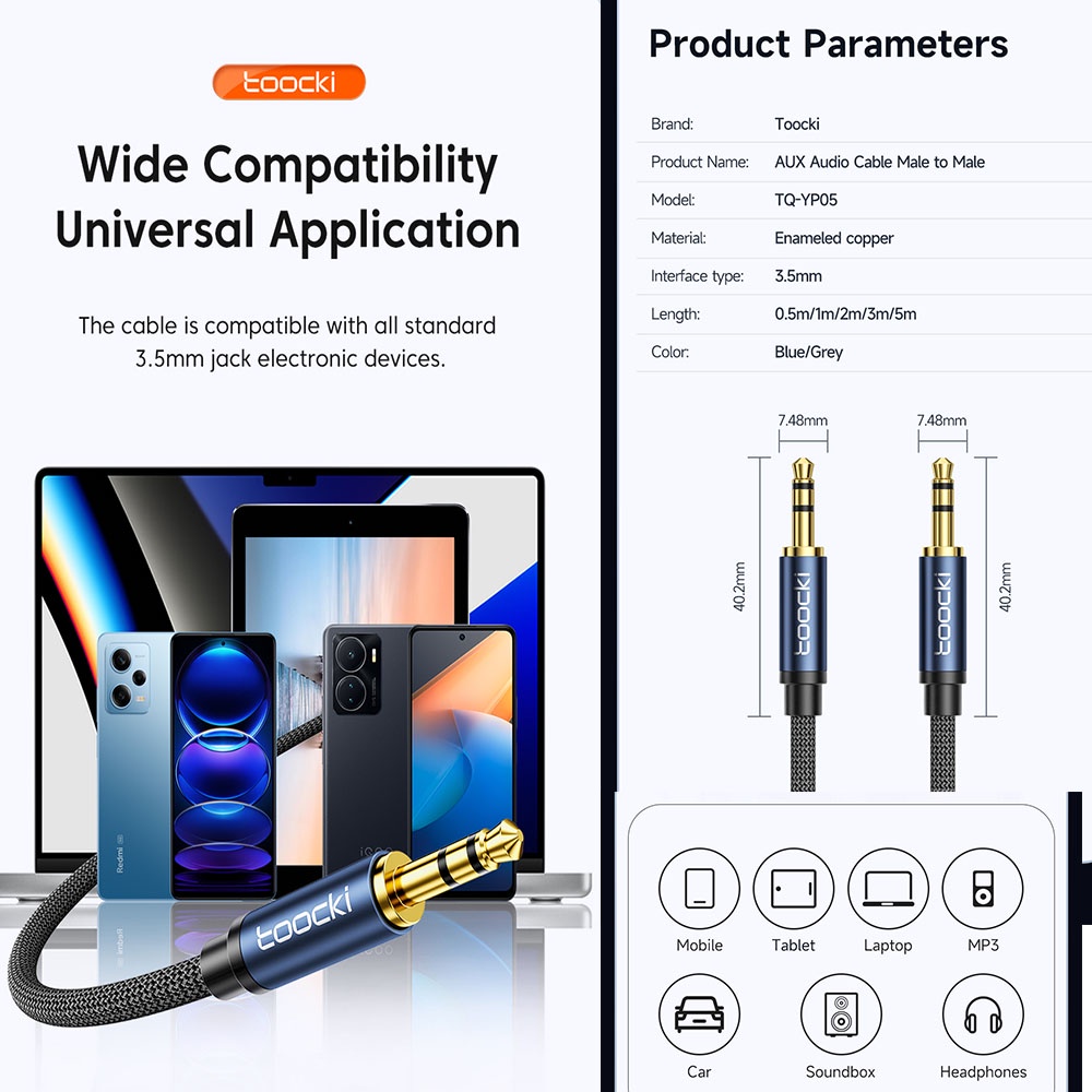 Dây cáp âm thanh TOOCKI AUX 3.5mm thích hợp cho máy tính xách tay Samsung Xiaomi Redmi