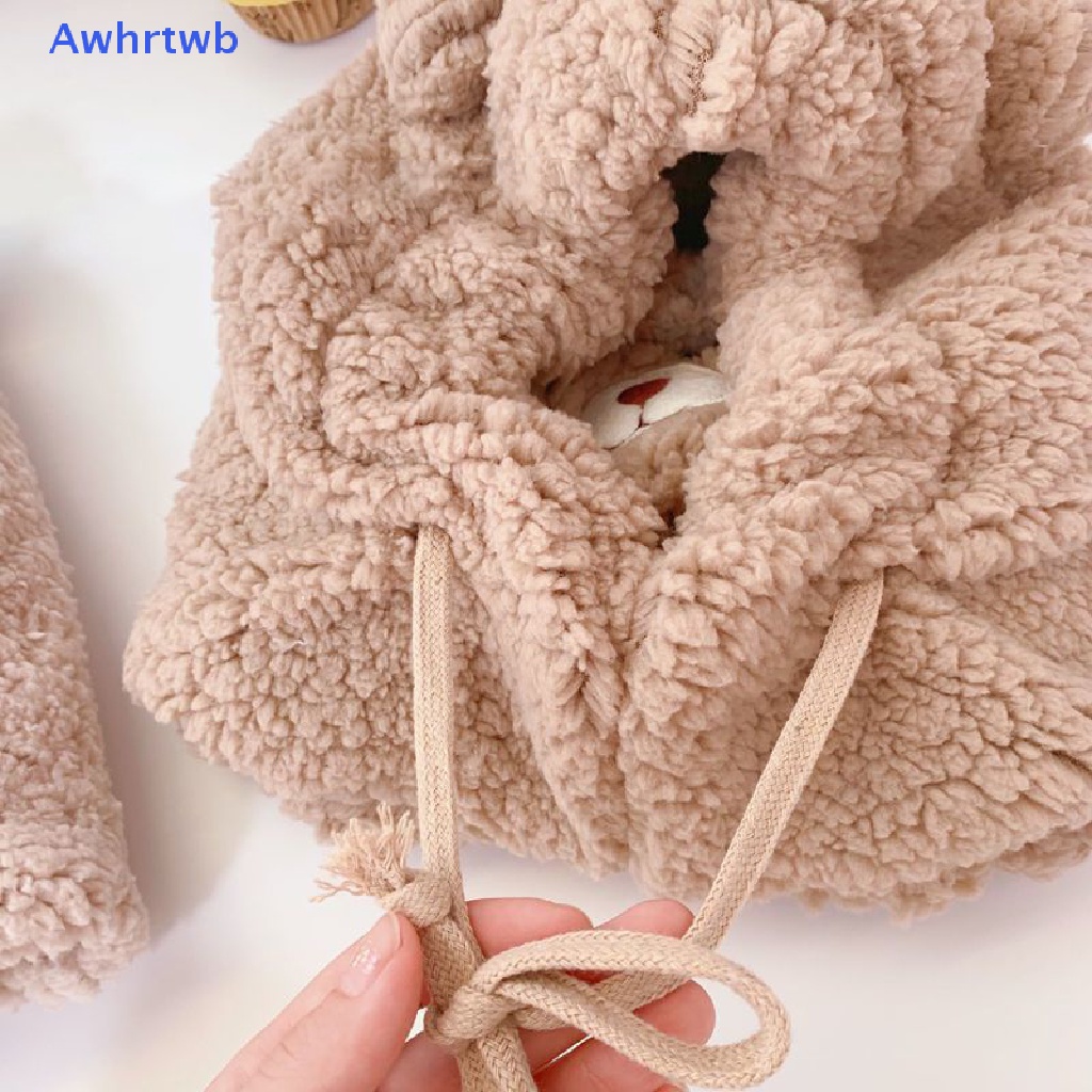 Mũ Len Kèm Khăn Choàng Cổ Đính Tai Gấu Bông Màu Trơn Giữ Ấm Mùa Đông Cho Nữ Mới