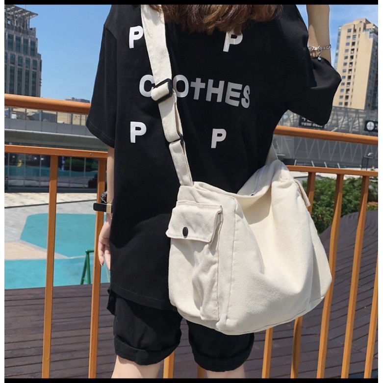 Túi đeo chéo vải canvas có 2 túi hộp thời trang