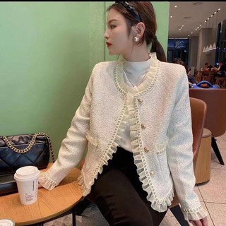Áo khoác dạ tweed nữ viền ren tiểu thư, áo khoác nữ thu đông 2 lớp