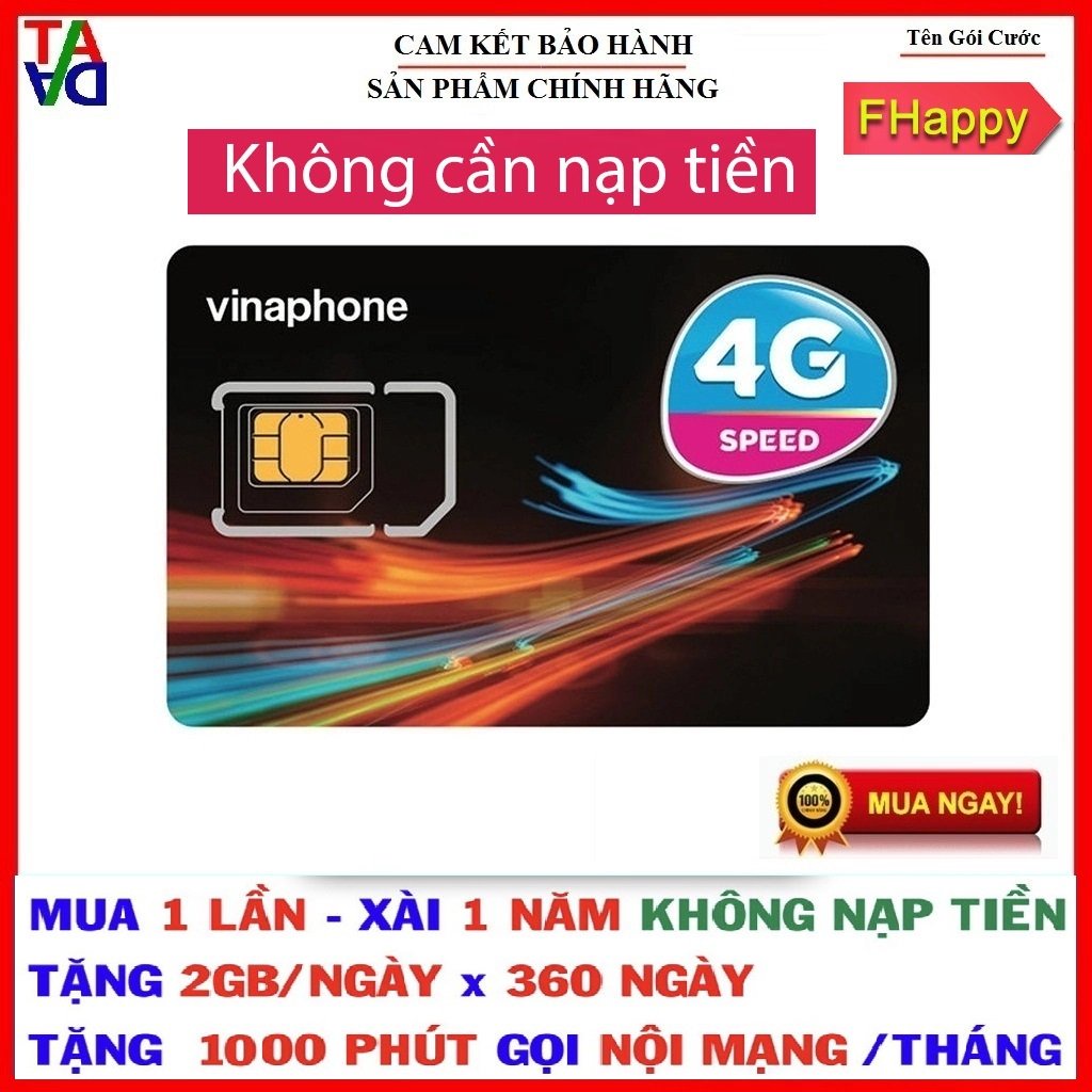 SIM VINA GÓI HAPPY Chu kỳ 12th CÓ 2GB/ NGÀY 1000 PHÚT GỌI NỘI MẠNG MIỄN PHÍ
