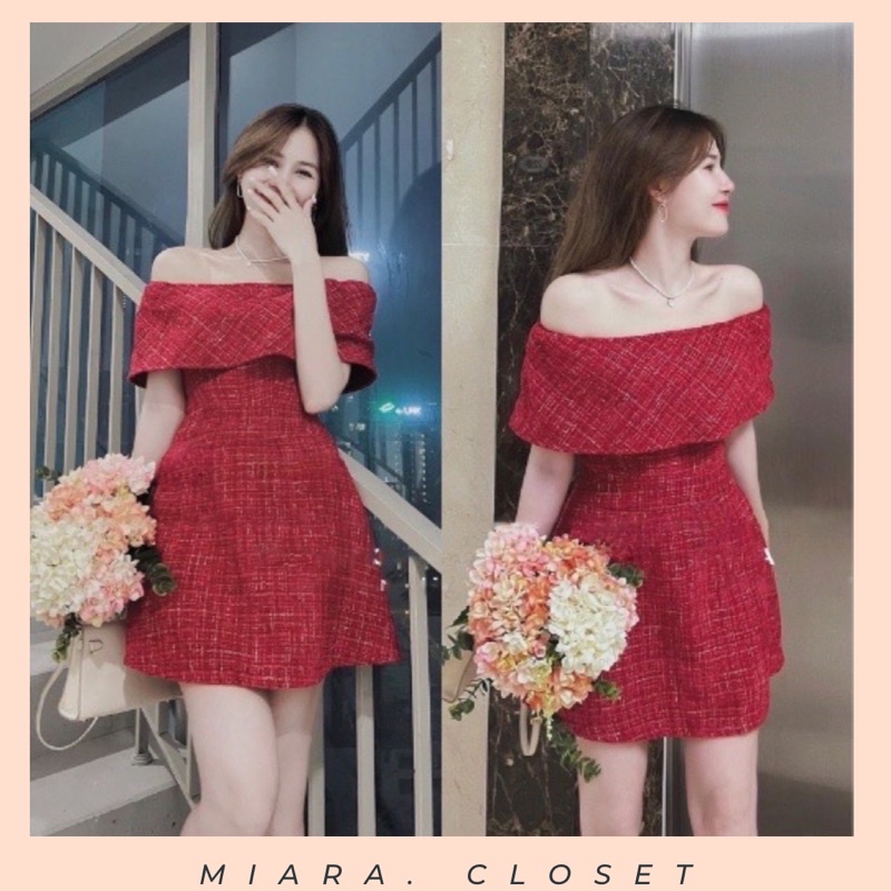 Váy dạ trễ vai màu đỏ ánh tuyến có  lớp lót ,đầm noel dự tiệc siêu xinh