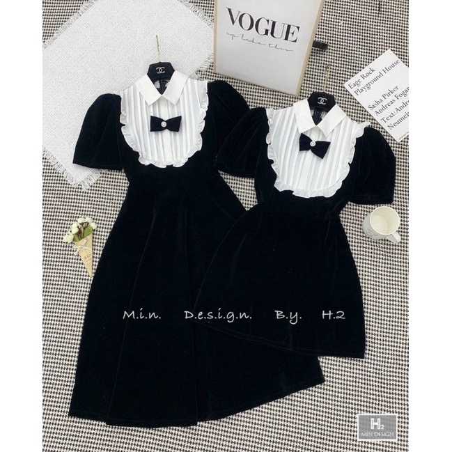 Đầm nhung đen cổ smi xếp ly trắng dễ thương vô bờ bến luôn alohashop91
